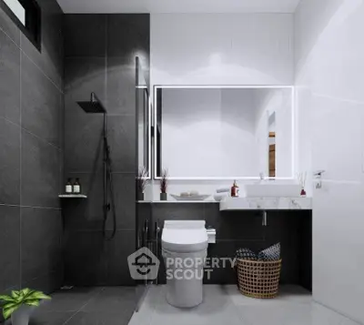 Modern bathroom with sleek design, featuring a spacious shower and elegant fixtures.