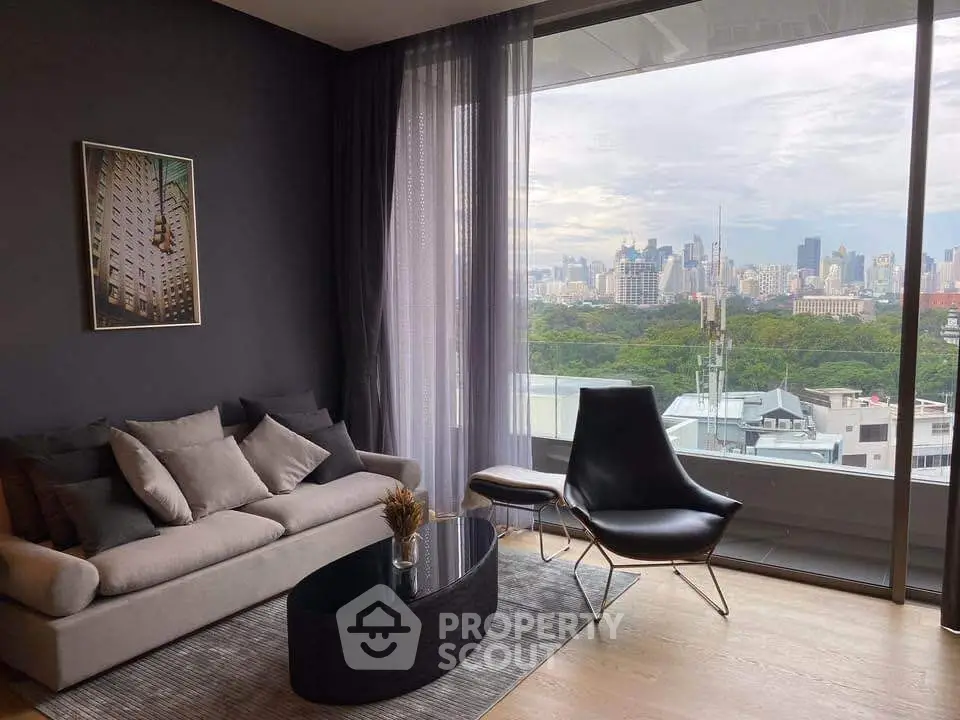 Modern living room with stunning city view and elegant furniture