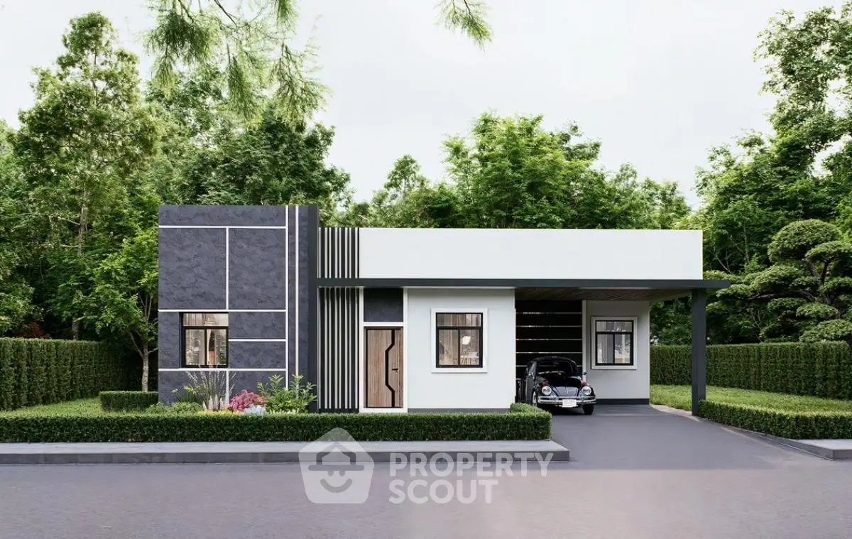 Modern single-story house with sleek design and lush greenery