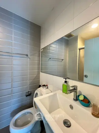 Modern bathroom with sleek sink and large mirror in contemporary apartment.