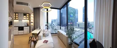 Luxurious modern living room with panoramic city view and elegant decor