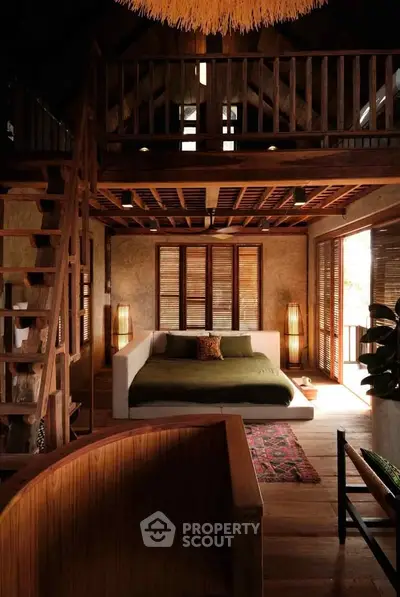 Stunning rustic bedroom with loft, wooden interiors, and cozy ambiance, perfect for serene living.