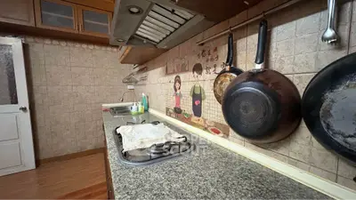 Charming kitchen with granite countertops and gas stove, featuring playful wall decor and ample storage space.