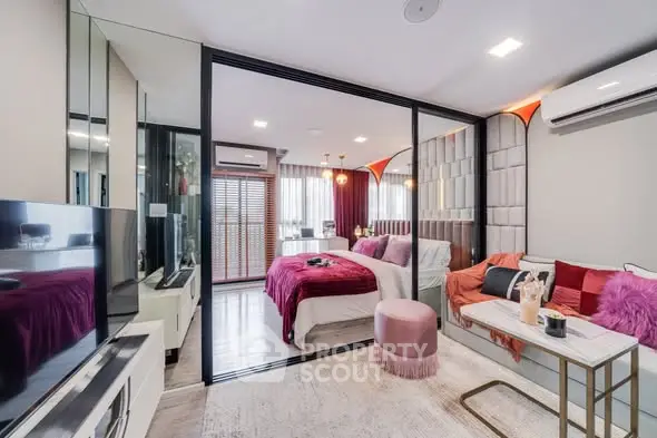 Luxurious modern bedroom with stylish decor and glass partition, featuring plush bedding and elegant lighting.