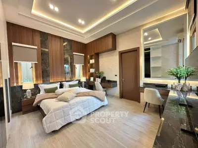 Luxurious modern bedroom with elegant decor and ambient lighting
