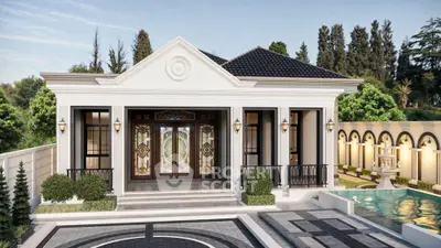 Luxurious villa exterior with elegant entrance and pool in serene setting
