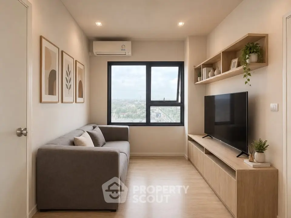 Modern living room with stylish decor and large window offering city views.