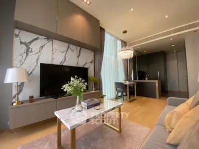 Luxurious modern living room with open kitchen and elegant decor