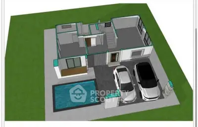 Modern architectural 3D render of a single-story house with pool and garage.