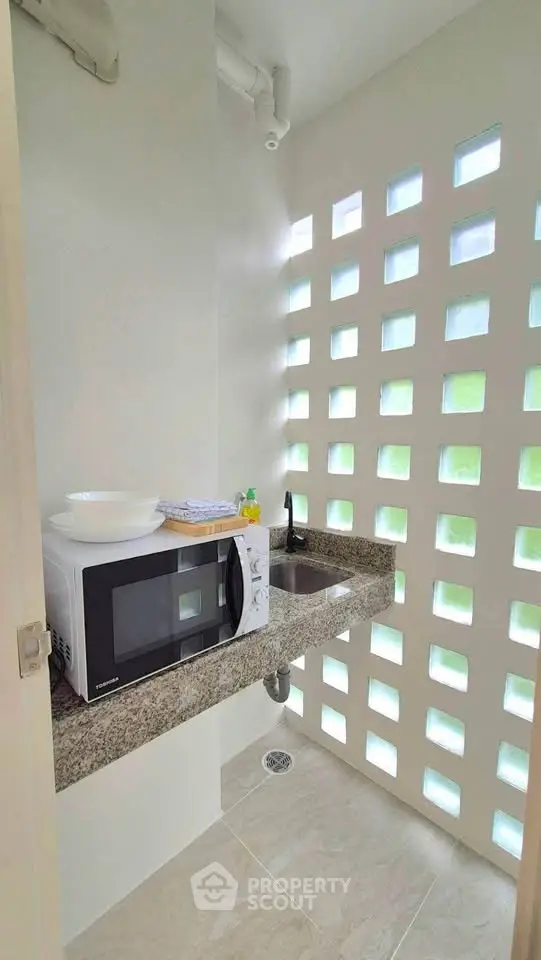 Compact kitchen nook with microwave and sink, featuring modern design and natural light.