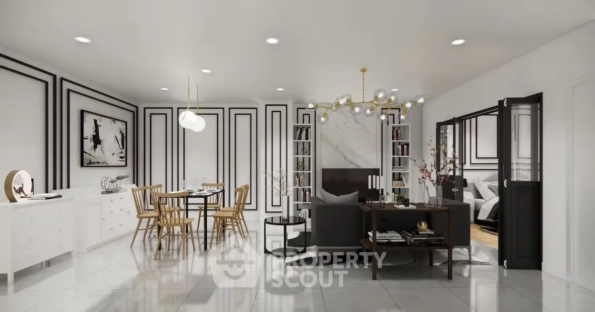 Luxurious modern living room with elegant decor and open dining area, featuring stylish furniture and chic lighting.