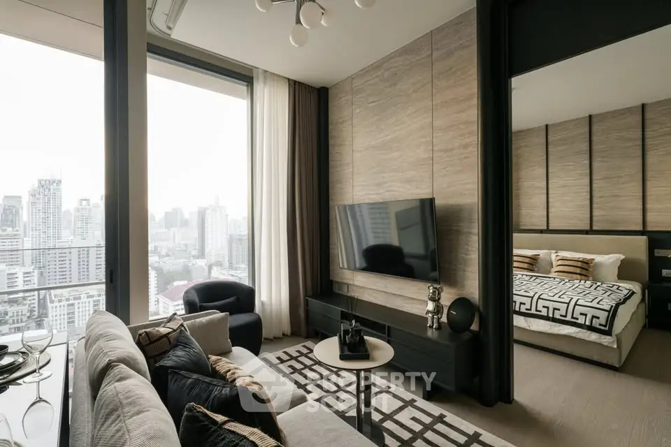 Modern living room with city view and stylish bedroom