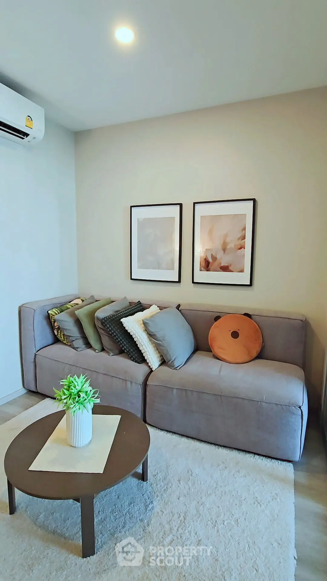 Cozy living room with modern gray sofa and stylish decor