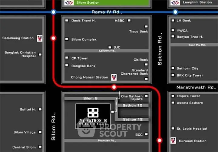 Map showing location of Ivy Sathorn 10 near Silom and Sathorn roads.