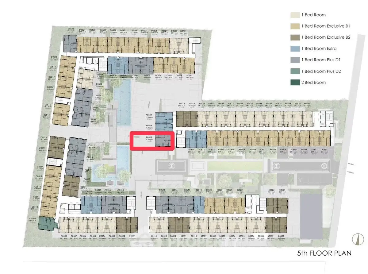 Detailed 5th floor plan showcasing various room types and layout for a modern residential building.