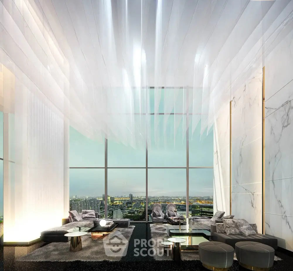 Luxurious modern living room with panoramic city view and elegant decor