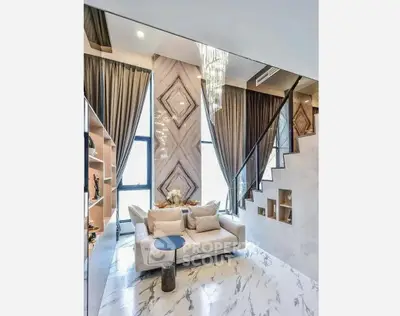 Luxurious modern living room with high ceilings and elegant decor