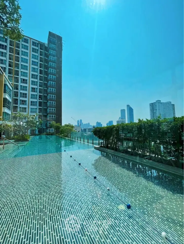 Luxurious high-rise apartment with stunning pool and city skyline view, perfect for urban living.