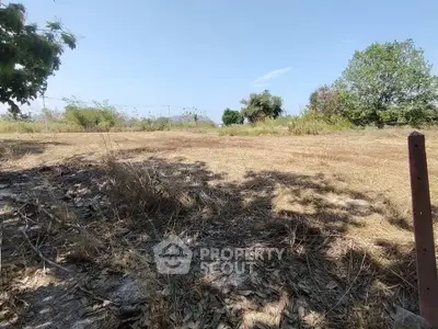 Expansive vacant land with potential for development, surrounded by lush greenery and clear skies.