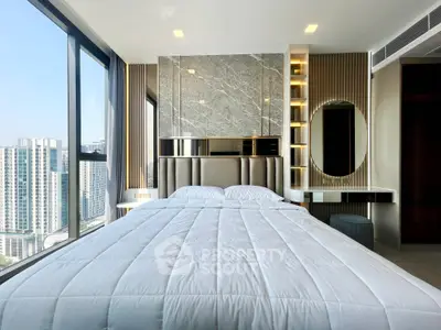 Luxurious modern bedroom with panoramic city views and elegant decor