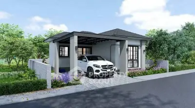 Charming modern house with carport and lush garden in serene neighborhood.