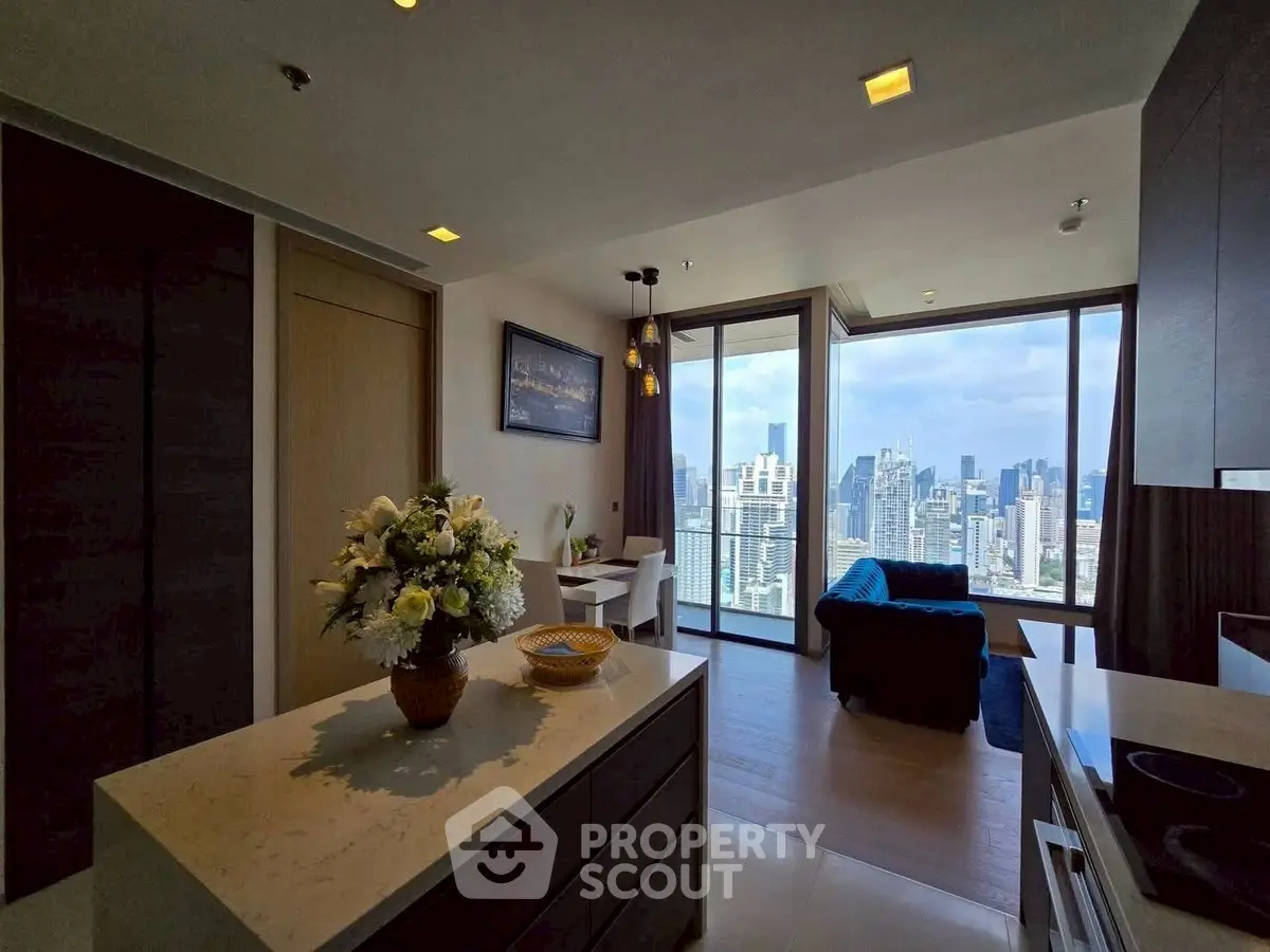 Modern living room with stunning city view and elegant decor