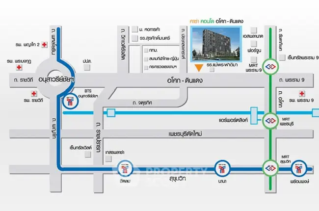 Map showing location of a modern condo near MRT and BTS stations in Bangkok.