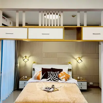 Modern bedroom with stylish decor and cozy ambiance