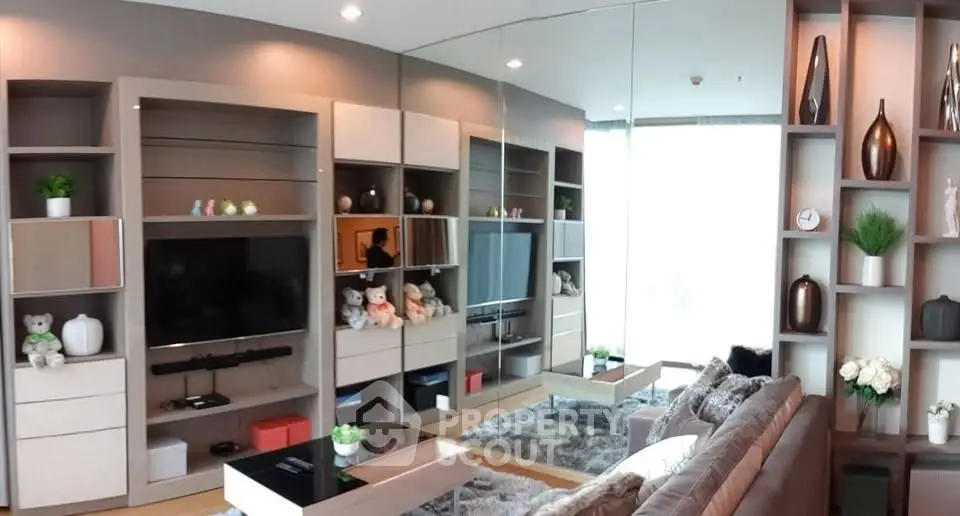 Modern living room with stylish shelving and cozy decor