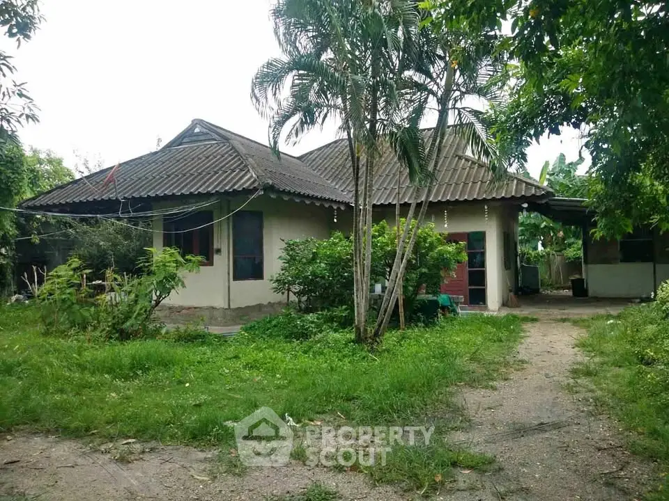 Charming rustic house with lush greenery and unique roof design, perfect for nature lovers seeking tranquility.