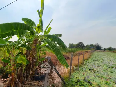 Scenic land plot with lush greenery and serene water body, perfect for development or agriculture.