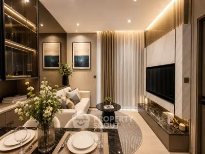 Luxurious modern living room with elegant decor and ambient lighting