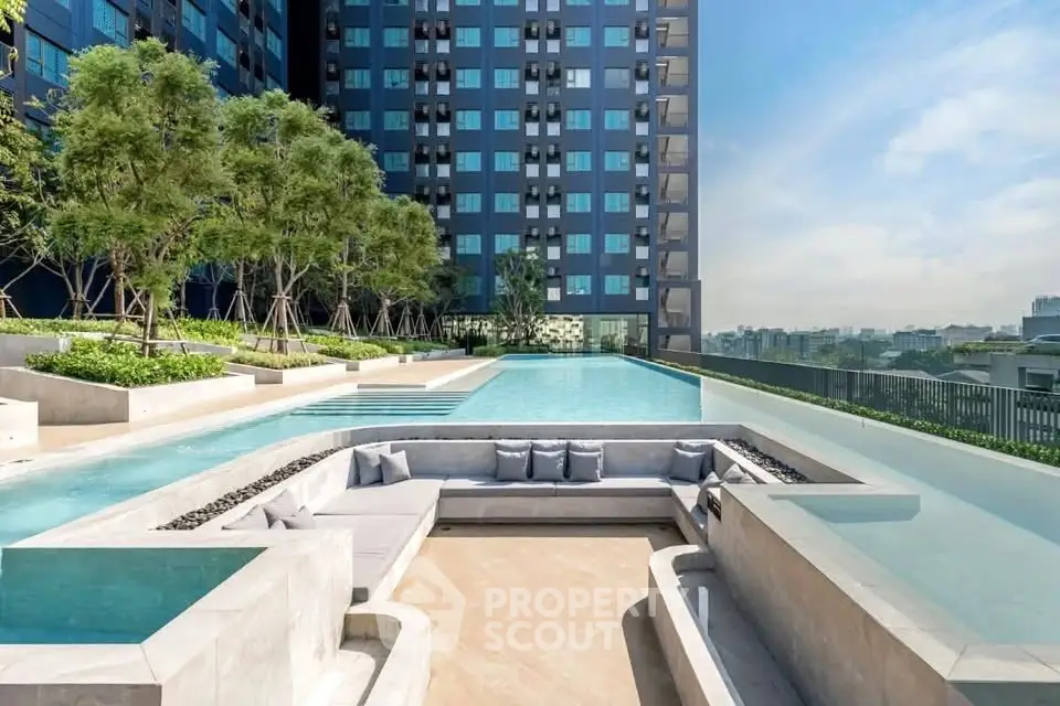 Luxurious rooftop pool with city view and modern seating area
