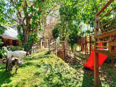 Charming garden with wooden play structures and lush greenery, perfect for family fun and relaxation.