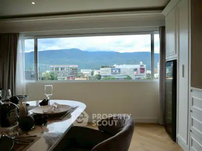 Luxurious dining area with panoramic city view through large window, elegant table setting, and modern decor.
