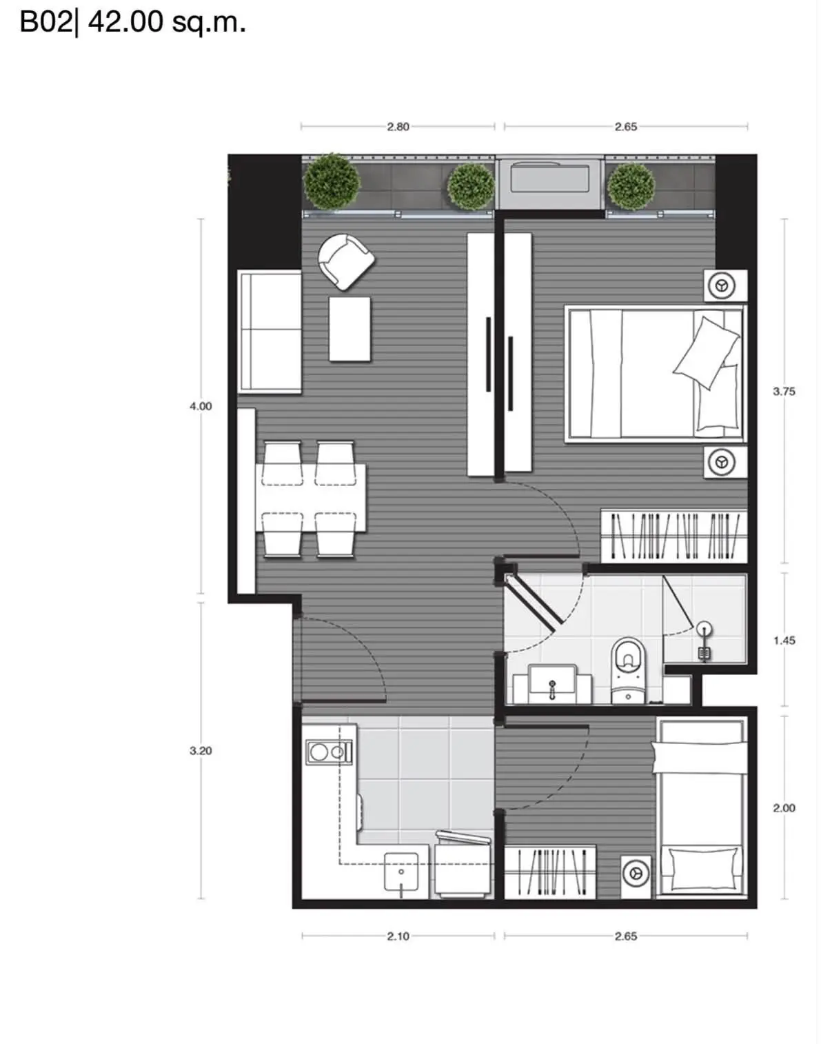 Modern 42 sq.m. apartment floor plan with open layout and stylish design.