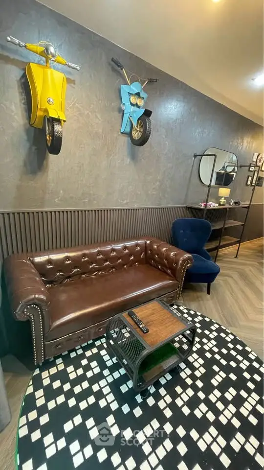 Stylish living room with unique scooter wall decor and chic furniture