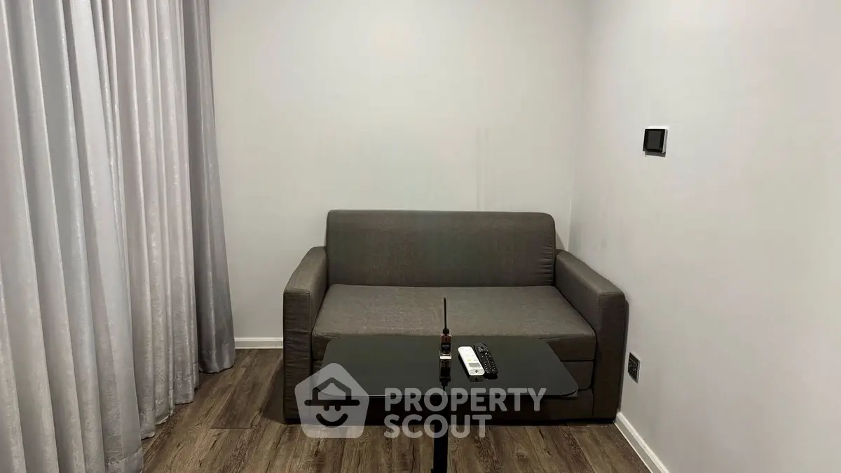 Cozy small living room with gray sofa and modern decor