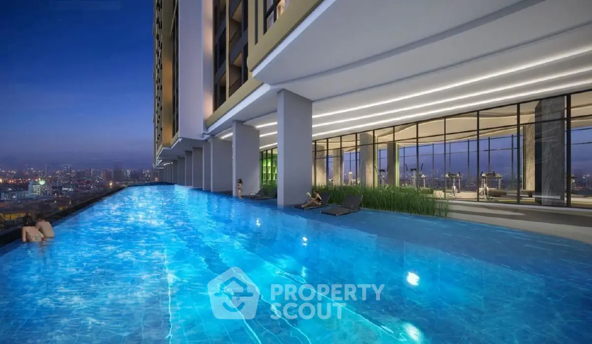 Luxurious high-rise infinity pool with stunning city skyline view at dusk.