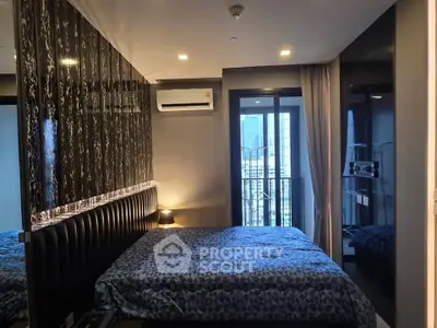 Modern bedroom with stylish decor and city view balcony in luxury apartment