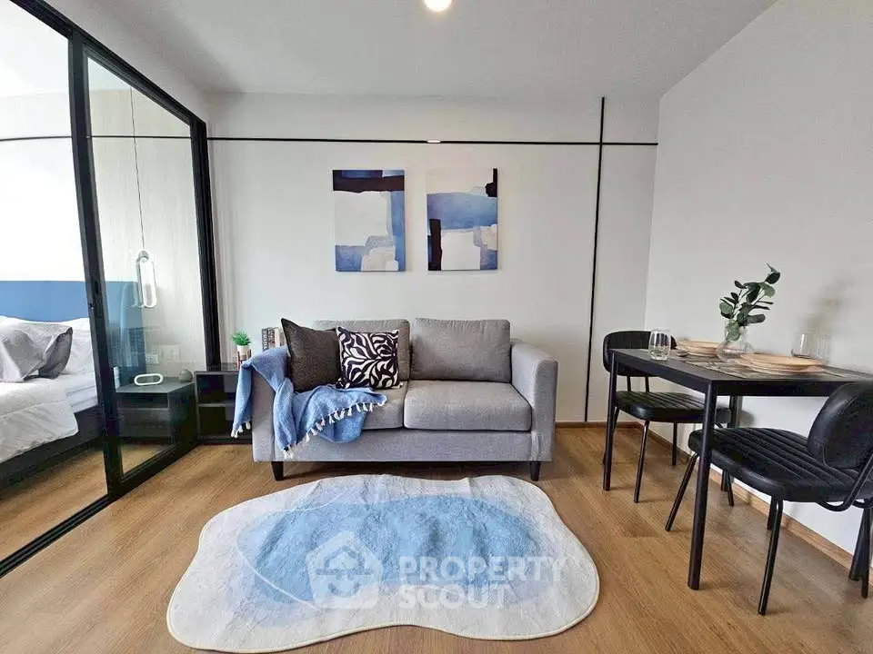 Modern living room with stylish decor and cozy seating area