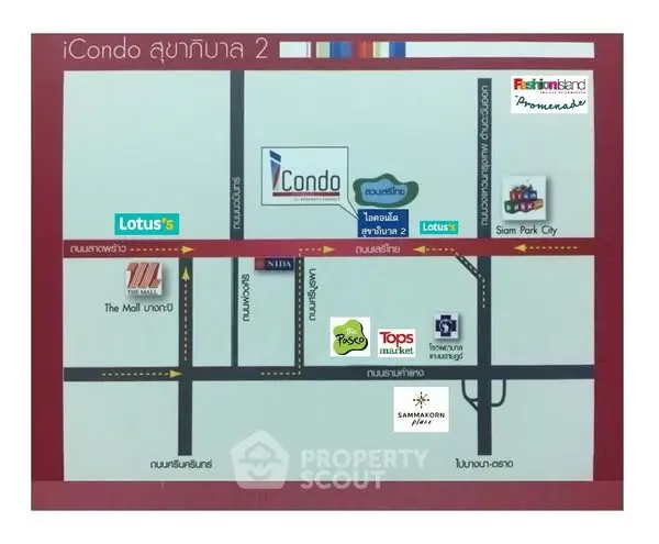 Map showing iCondo Sukhumvit 2 location near shopping centers and amenities.