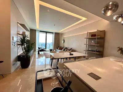 Luxurious modern living room with open layout and stunning city view, featuring elegant decor and ambient lighting.