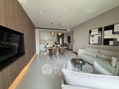 Modern living room with elegant decor and open layout, featuring a cozy seating area and stylish dining space.