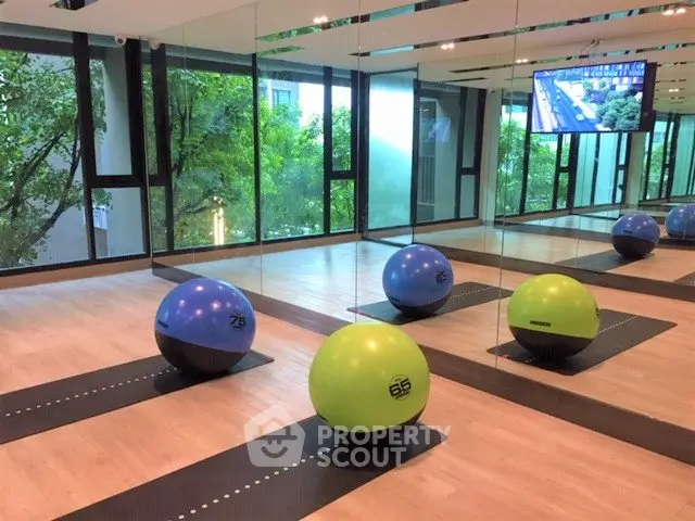 Modern gym with exercise balls and mirrored walls in a luxury residential building.