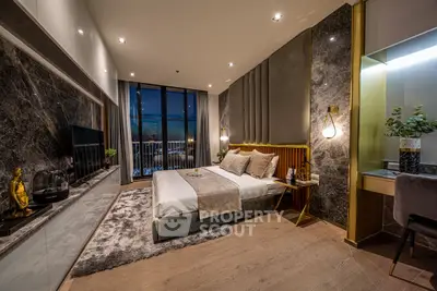 Luxurious modern bedroom with elegant decor and balcony view