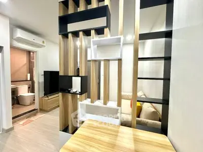 Modern apartment interior with stylish partition and cozy living area