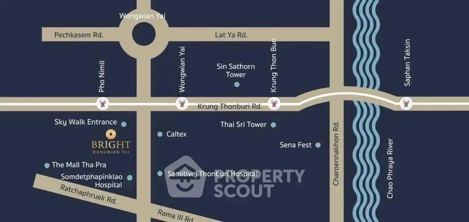 Map showing location of Bright Wongwian Yai near Chao Phraya River and key landmarks.