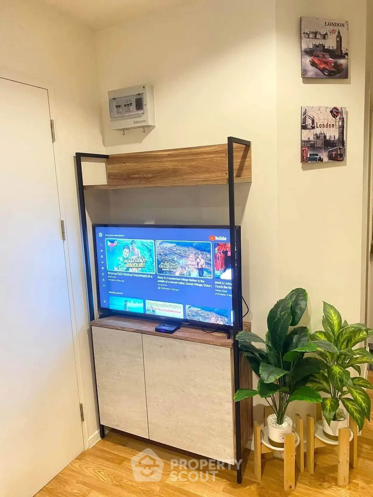 Modern living room corner with stylish TV stand and indoor plants