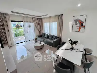 Modern living room with elegant dining area and balcony view, featuring sleek furniture and stylish decor.